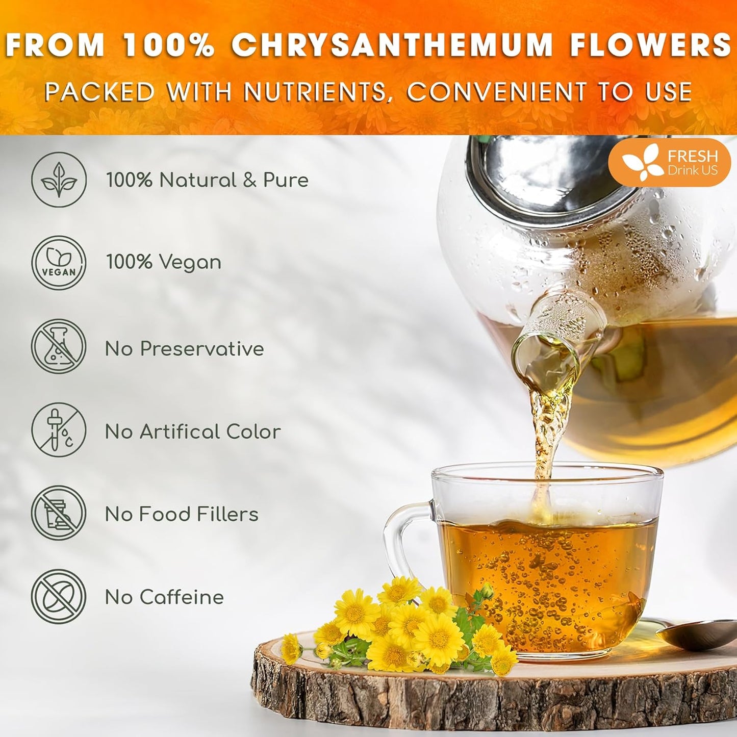 FreshDrinkUS, Premium 8oz Chrysanthemum Flowers, 100% Natural & Pure Chrysanthemum Flower Dried, Chrysanthemum Herbal Tea, No Additives, No Caffeine, Vegan