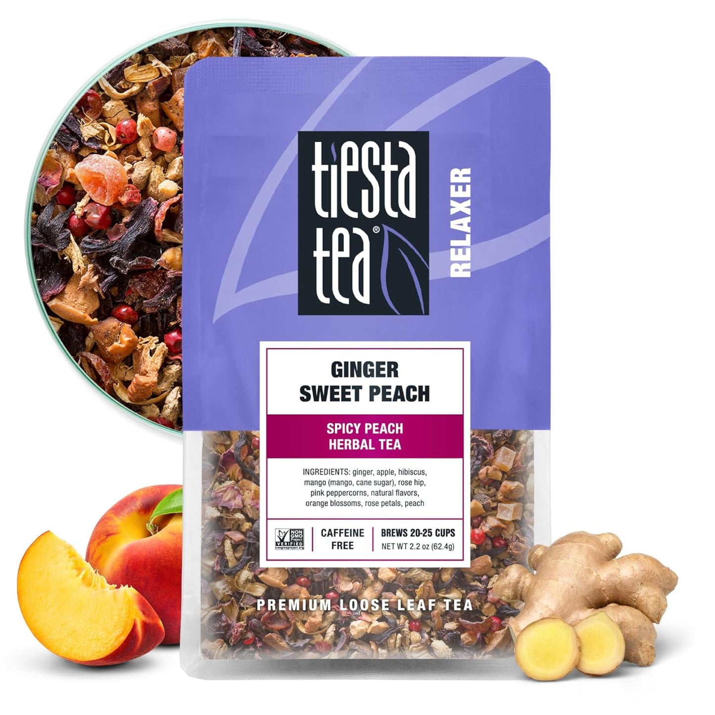 Tiesta Tea - Ginger Sweet Peach, Loose Leaf, Spicy Peach Herbal Tea, Non-Caffeinated Tranquility Blend, Bulk Herbal Leaves with Hibiscus & Cane Sugar, 25 Cups, 2.2 Ounce Resealable Pouch