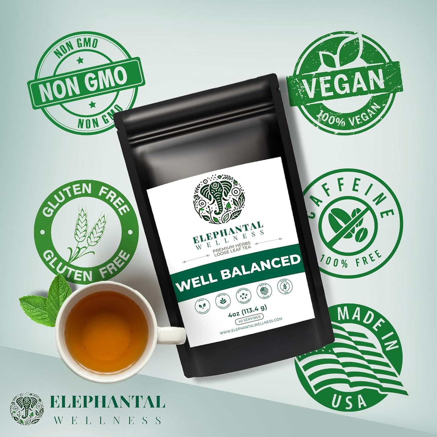 Elephantal Wellness Premium Well Balanced Herbal Tea | Healthy Cortisol, Adaptogenic Stress Energy Support with Ashwagandha, Goji, Reishi, Holy Basil & Lion’s Mane, Caffeine-Free, Non-GMO, 4 oz