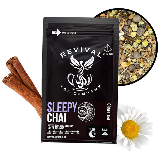 Revival Tea Company Sleepy Chai Tea - Rooibos Chai Tea Red Tea Blend with Valerian Root and Fresh Spiced Chai Flavor - Caffeine Free - Loose Leaf 8 Ounces