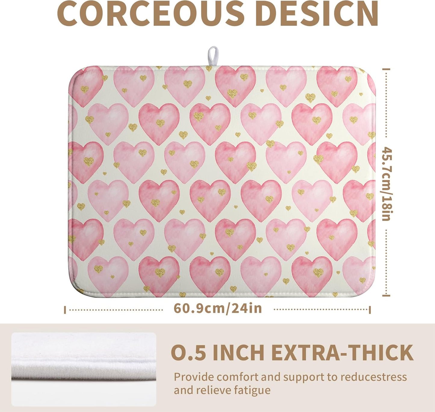 Valentines Dish Drying Mat Valentine Dishes Drying Pad Pink Golden Heart Love Absorbent Dish Dryer Matt for Kitchen Countertops Microfiber 18x24 Inches