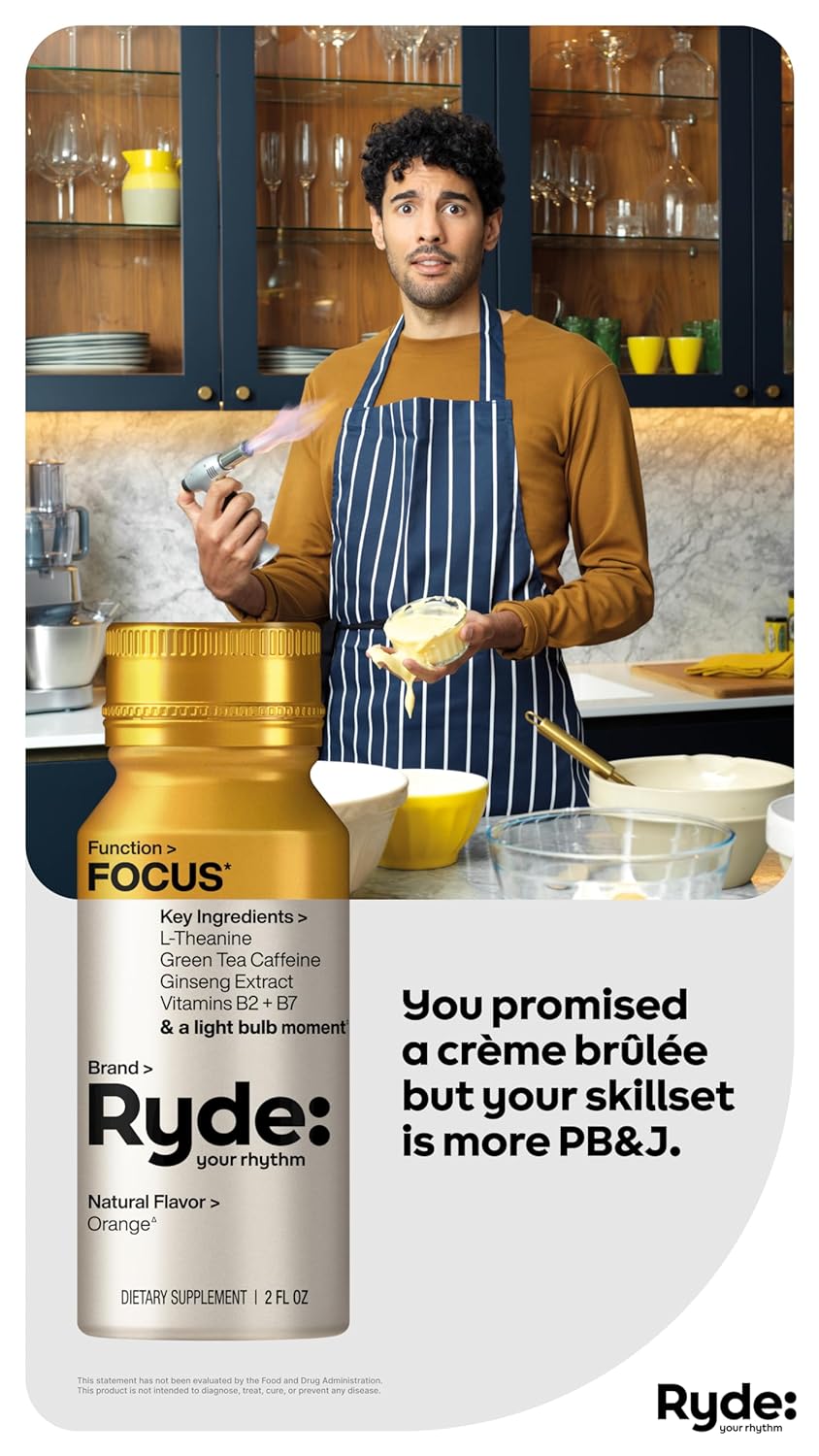 Ryde: Focus Shot | Orange Flavor | L-Theanine & Ginseng | Green Tea Caffeine | Vitamins B2 & B7 | 0 Calories, 0 Sugar | 2 FL OZ Shots | Supports Focus* (24 Pack)