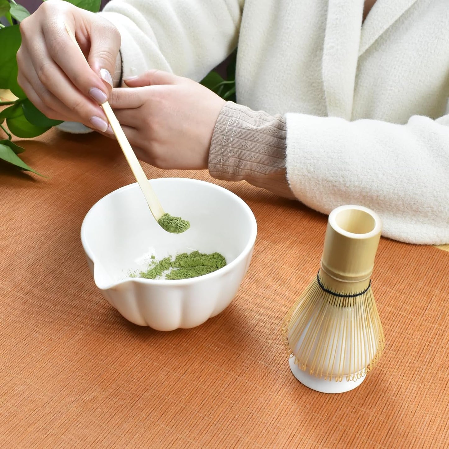 Artcome 4 Pcs Japanese Matcha Tea Set - Matcha Bowl with Pouring Spout, Matcha Whisk, Tea Scoop, Whisk Holder, Handmade Matcha Ceremony Kit For Japanese Tea Ceremony, Ivory