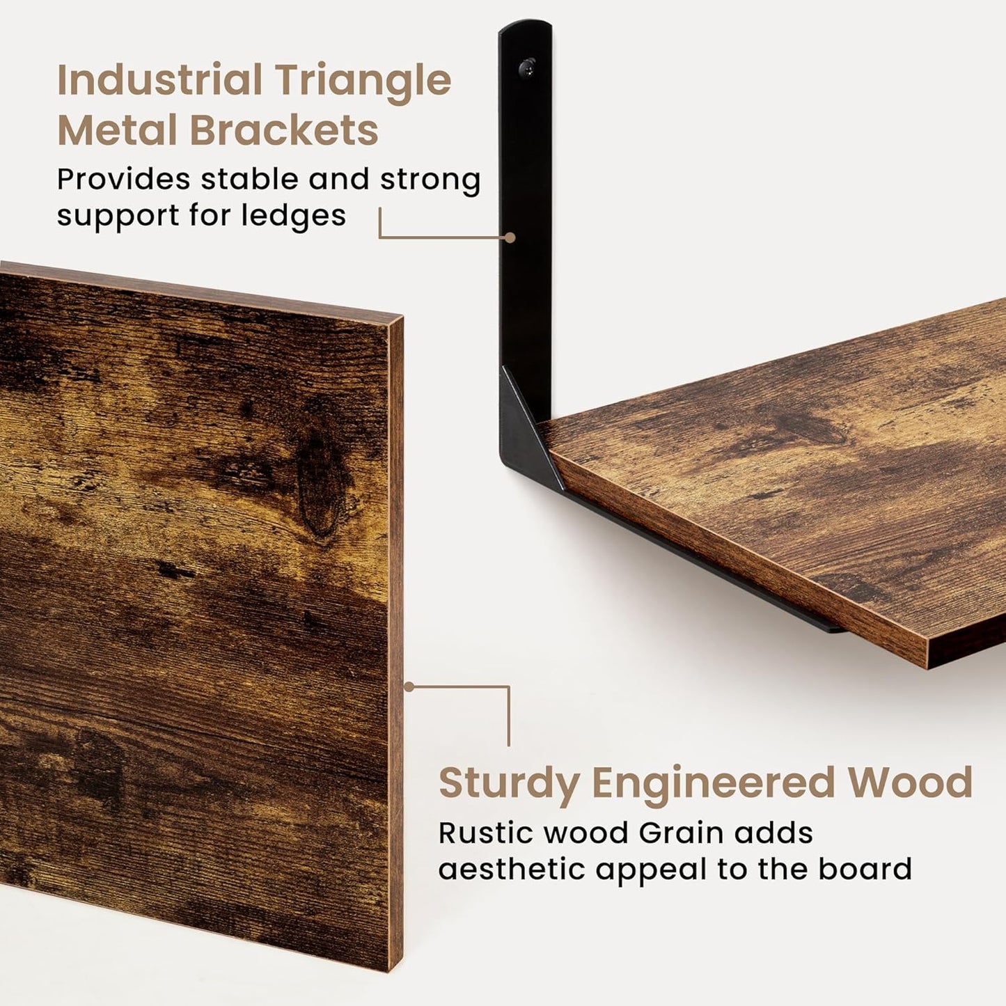 Floating Shelves for Wall, 12 Inch Deep Floating Shelves Set of 2, Wall Mounted Shelf with Metal Brackets, Rustic Wood Wall Shelf for Bathroom, Kitchen and Living Room, Rustic Brown, 24W x 12D