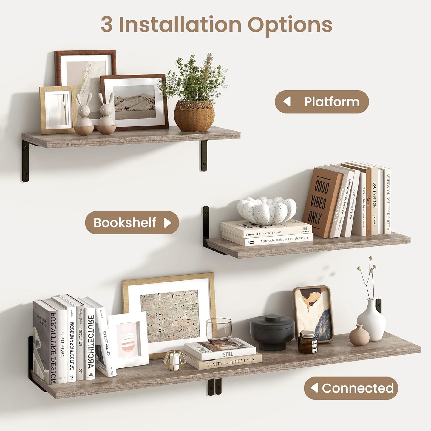 Fun Memories Deep Floating Shelves, 24W x 8D Floating Shelves Set of 2, Wall Mounted Shelf with Metal Brackets, Rustic Wood Wall Shelf for Bathroom, Kitchen and Living Room, Grey