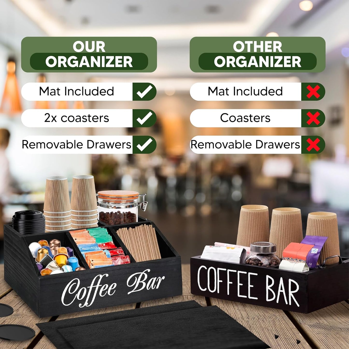 Barista Emperor® SUPER PACK Coffee Bar Organizer for Countertop, Silicone Mat and 2X Silicone Coasters - Tea Organizer Station with Removable Drawers - Office Coffee Station for Countertop