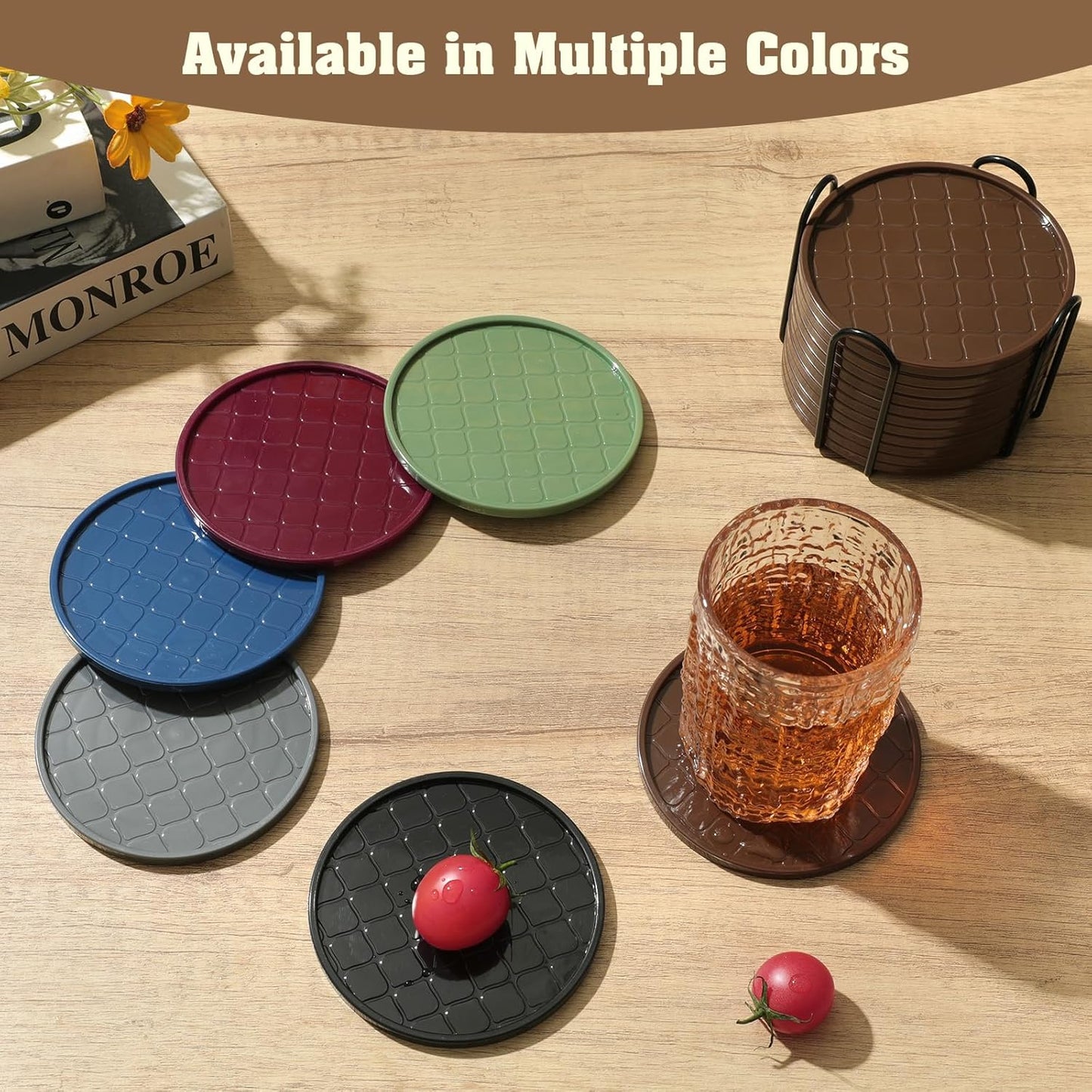 Coasters Set of 8,Hot or Cold Drink Coasters with Holder,Modern Style Coffee Table Coaster,Suitable for Kinds Cups Beer,Drink,Anti-Overflow Tabletop Protection (Coffee, 8pcs)