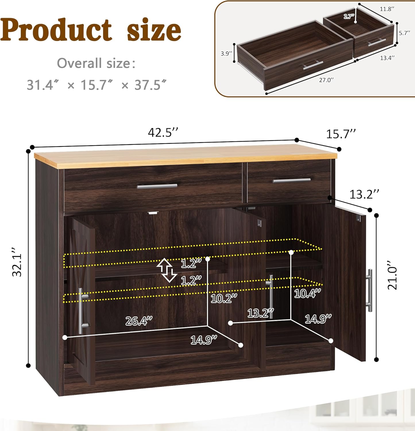 Vongrasig 43” Sideboard Buffet Cabinet with Storage, Farmhouse Coffee Bar with Drawers and Shelves, Wood Buffet Table for Kitchen Dining Room, Living Room, Rustic Brown
