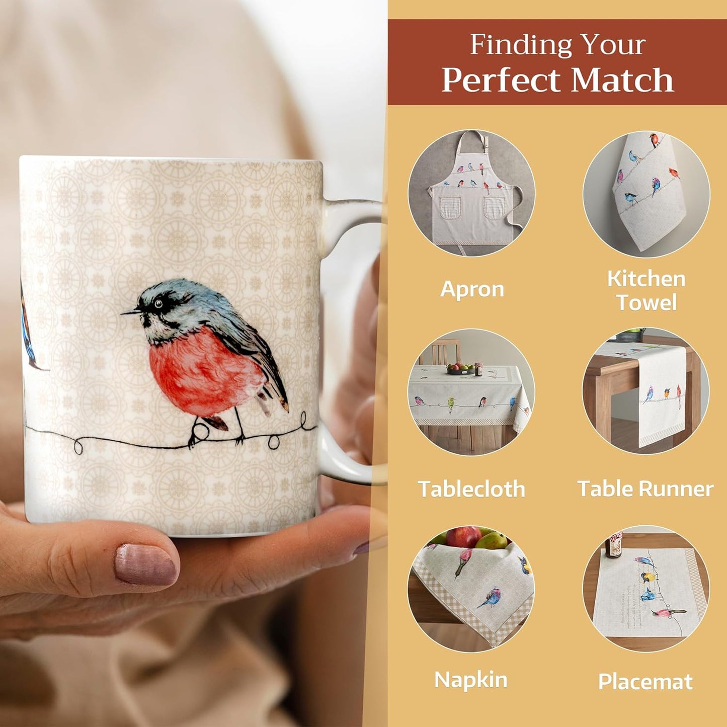Maison d' Hermine Coffee Mug with Handles Fine Bone China Mugs Pack of Two Tea Cups for Hot Beverages Cappuccino Latte Home Restaurant Office Perfect for Gift (Birdies On Wire, 15 Ounce)