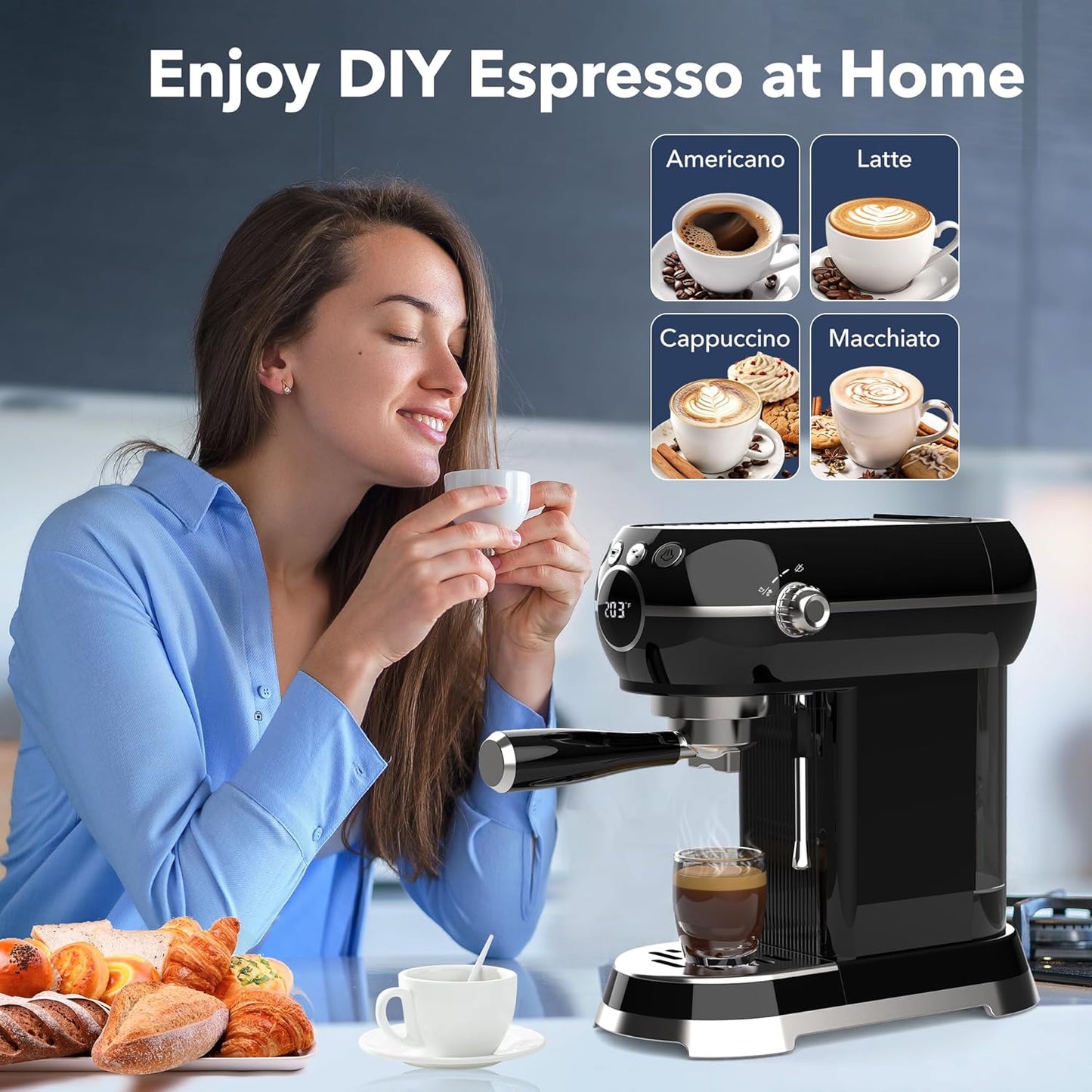 HBN 20Bar Compact Espresso Machine with Milk Frother, 27oz Removable Water Tank for Small Spaces, Fast Heat-Up Home Coffee Maker for Latte, Cappuccino, Americano