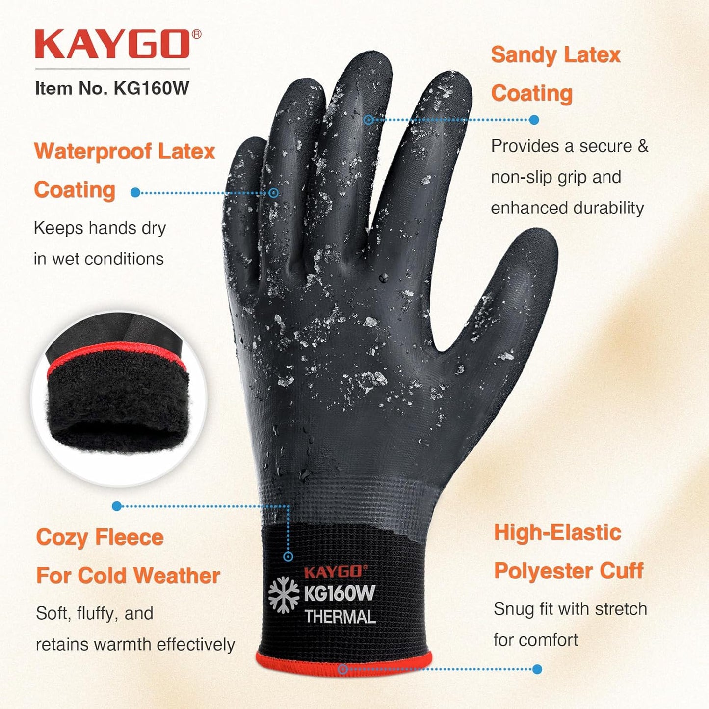 KAYGO Winter Waterproof Work Gloves for Men and Women, Thermal Insulated Freezer Rubber Coated Gloves,Super Grip,KG160, Small