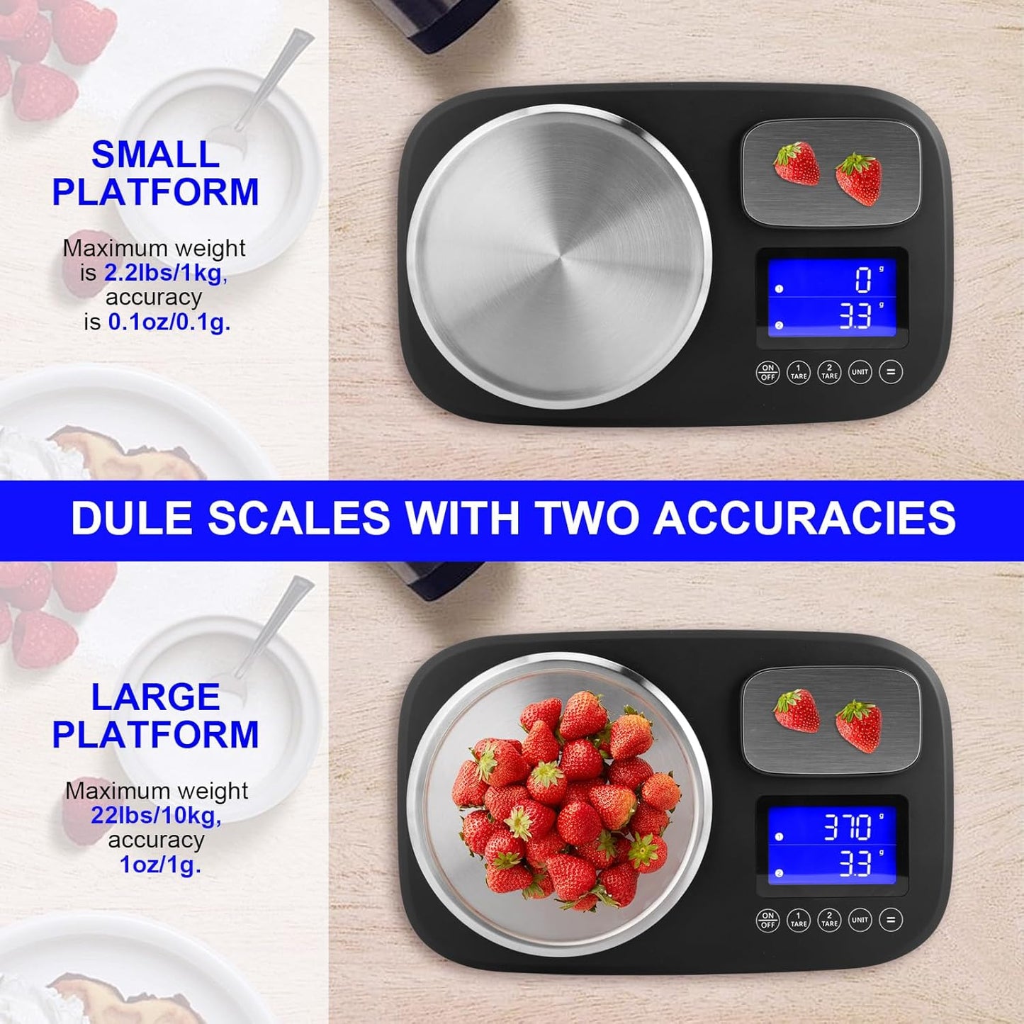 Dual Platform Digital Kitchen and Food Scale, Precise Capacity of 2.2lbs and 10Kg(Min 0.1oz/1oz), Stainless Steel, 6/7 Units, Tare Function, Auto-off, Perfect for Baking Cooking Food Weighing