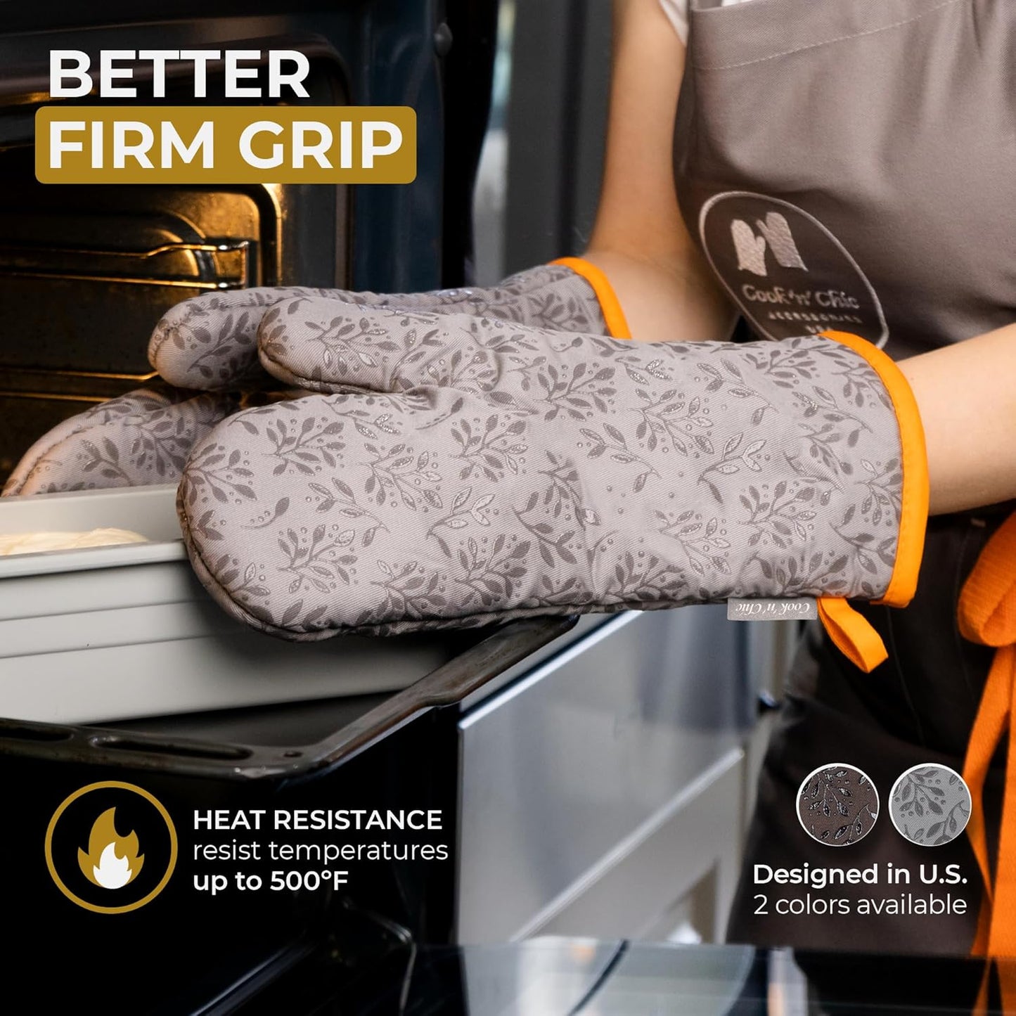 Premium Heat-Resistant Oven Mitts - Stylish and Beautiful - Non-Slip Platinum Silicone Grip - Long and Thick - 100% Natural Cotton Exterior and Soft Terry Cloth Lining - Set of 2 by Cook'n'Chic