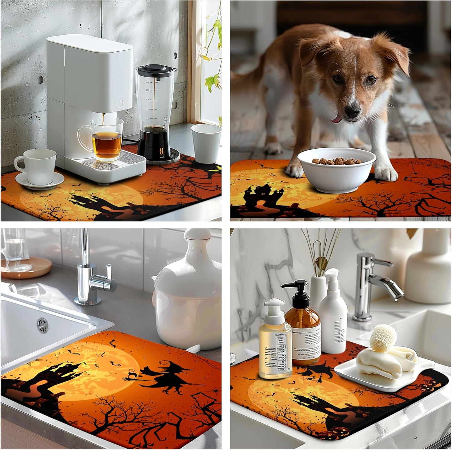 Happy Halloween Dish Drying Mat Fall Pumpkin Witch Dishes Draining Mats Spooky Castle Coffee Bar Bats Trick or Treat Dish Drying Pad Self Fast Absorbent Dryer Mat for Kitchen Countertop (18x24 in)