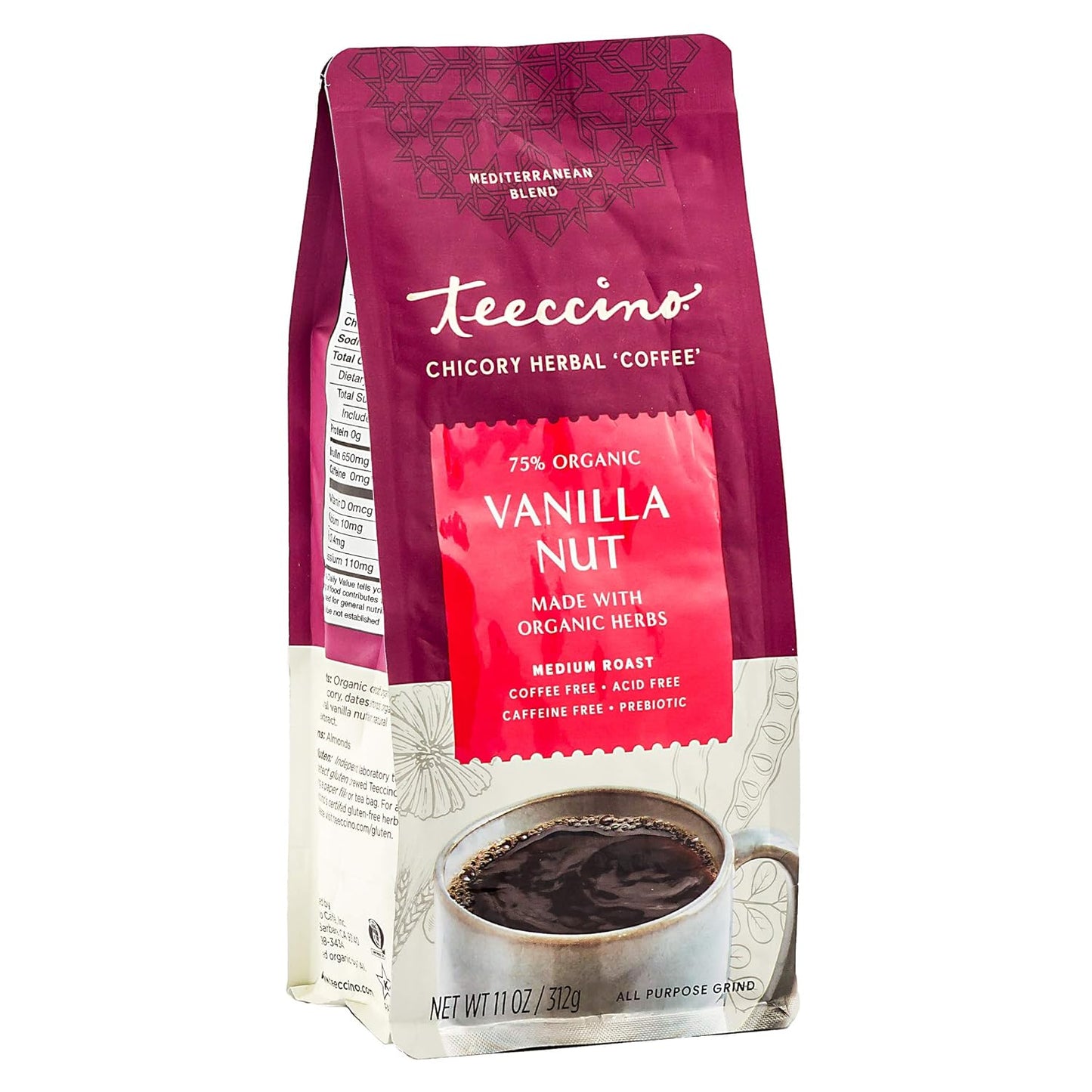Teeccino Vanilla Nut Chicory Coffee Alternative - 11 Ounce - Ground Herbal Coffee That’s Prebiotic, Caffeine Free & Acid Free, Medium Roast