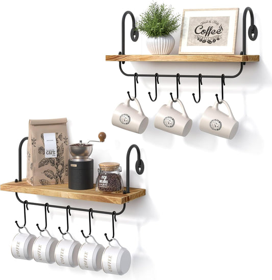 Olakee Floating Wall Shelves for Kitchen Bathroom Coffee Nook with 10 Adjustable Hooks for Mugs Cooking Utensils or Towel Rustic Storage Shelves Set of 2/17x5.9 inch (Carbonized Black)