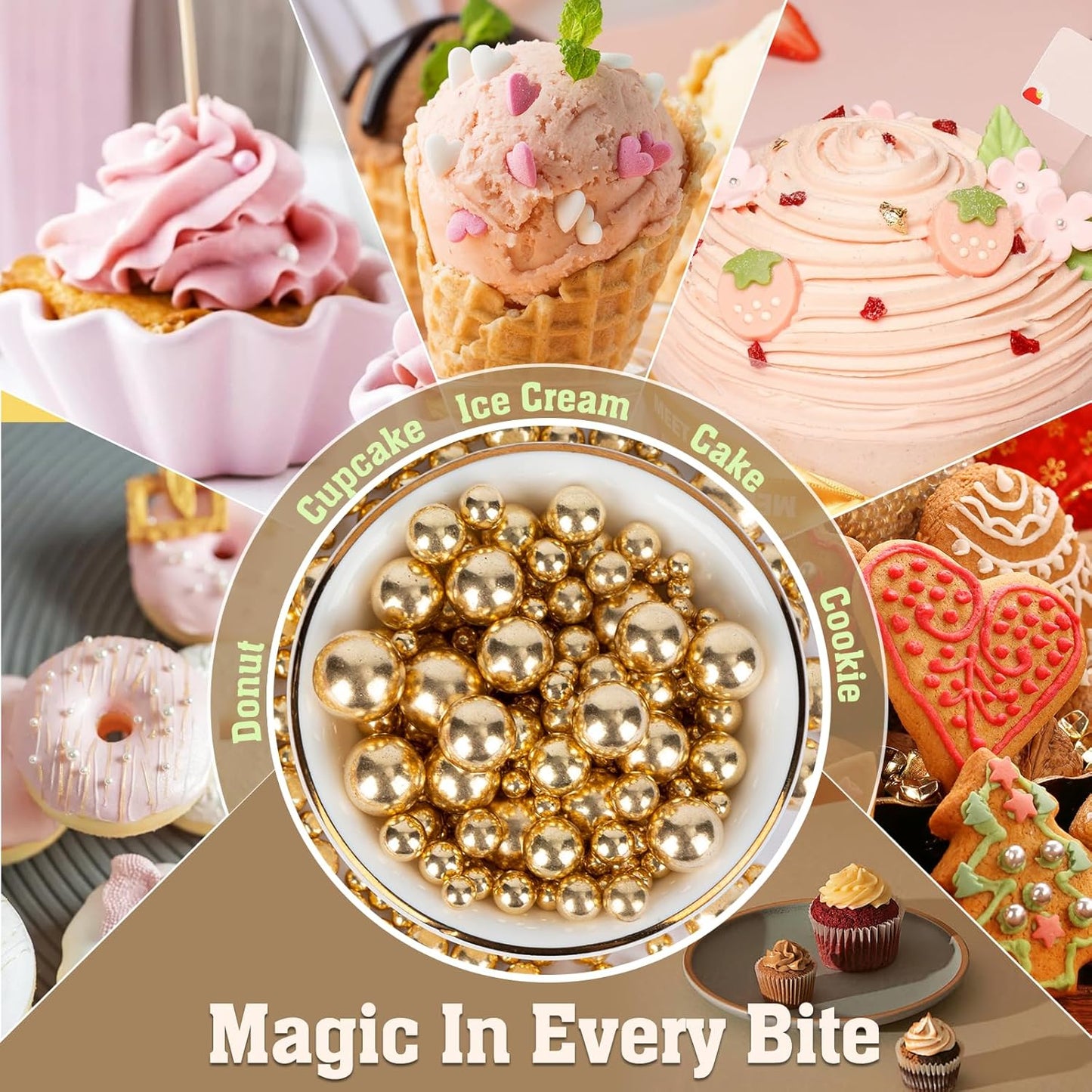 Twisweet Gold Pearl Sprinkles for Cake Decorating, Edible Sugar Pearls for Baking, Mix Size, Cake Topper Cupcake Cookie Ice Cream Dessert Decorations, Valentines Birthday Christmas Supplies (130g/4.58oz)