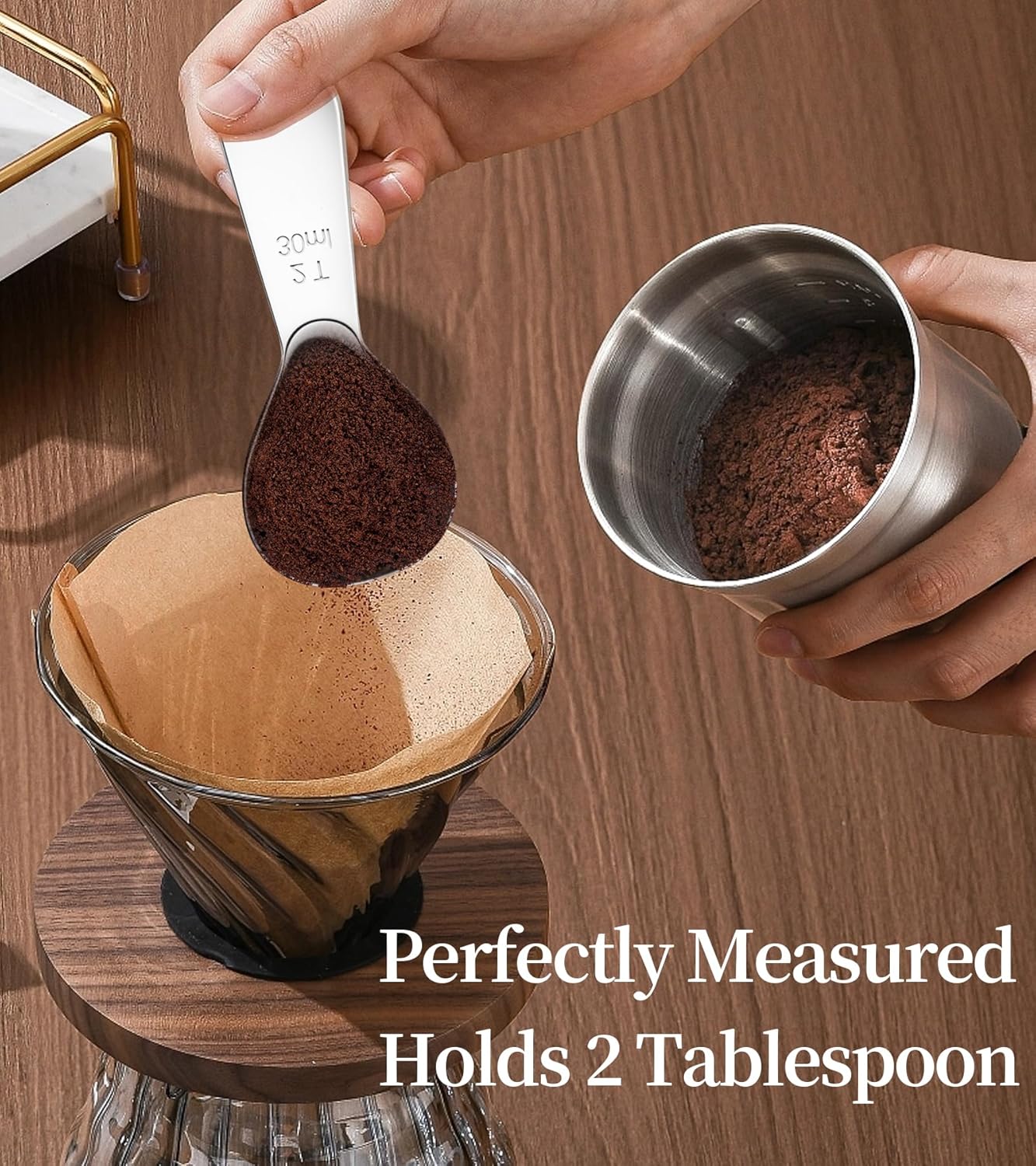 Coffee Scoop for Ground Coffee Set, 1 Tablespoon & 2 Tablespoon Measuring Scoop, Short Handle Heavy-Duty 304 Stainless Steel, Fits Canisters for Coffee bean, Espresso & Protein Powder