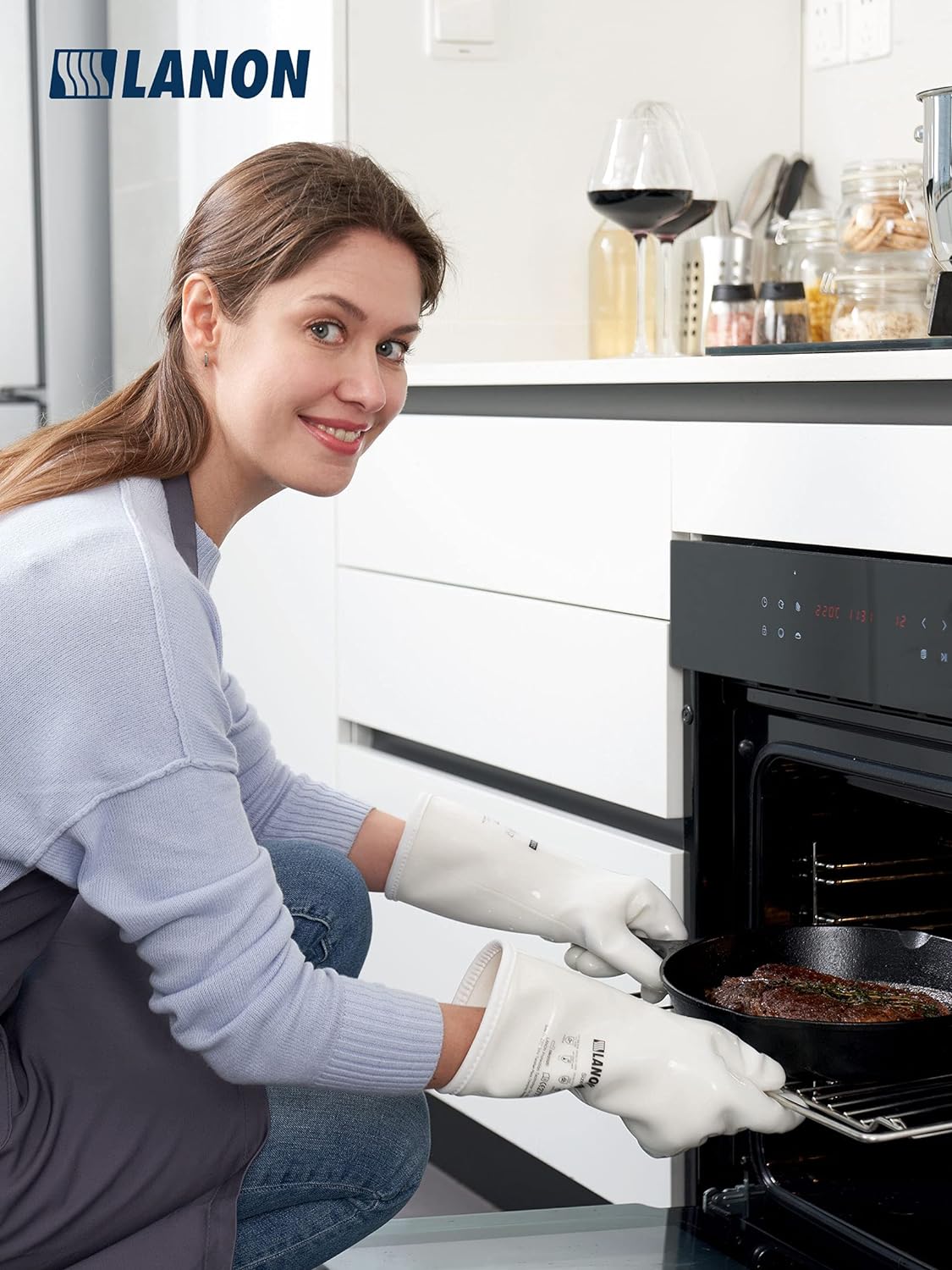 LANON Liquid Silicone Gloves, Heat Resistant Oven Gloves with Fingers, Food Grade, Waterproof, White, Large