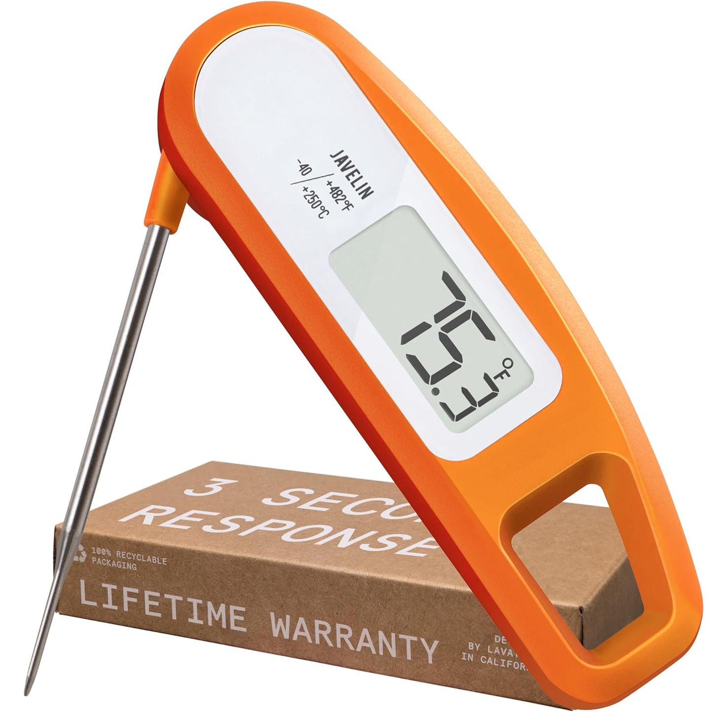Lavatools Javelin® Ultra-Fast 2-Second Digital Instant Read Meat Thermometer for Grill and Cooking, 2.75" Probe, Compact Foldable Design, Large Display, IP65 Water Resistant, NSF Certified – Tangerine
