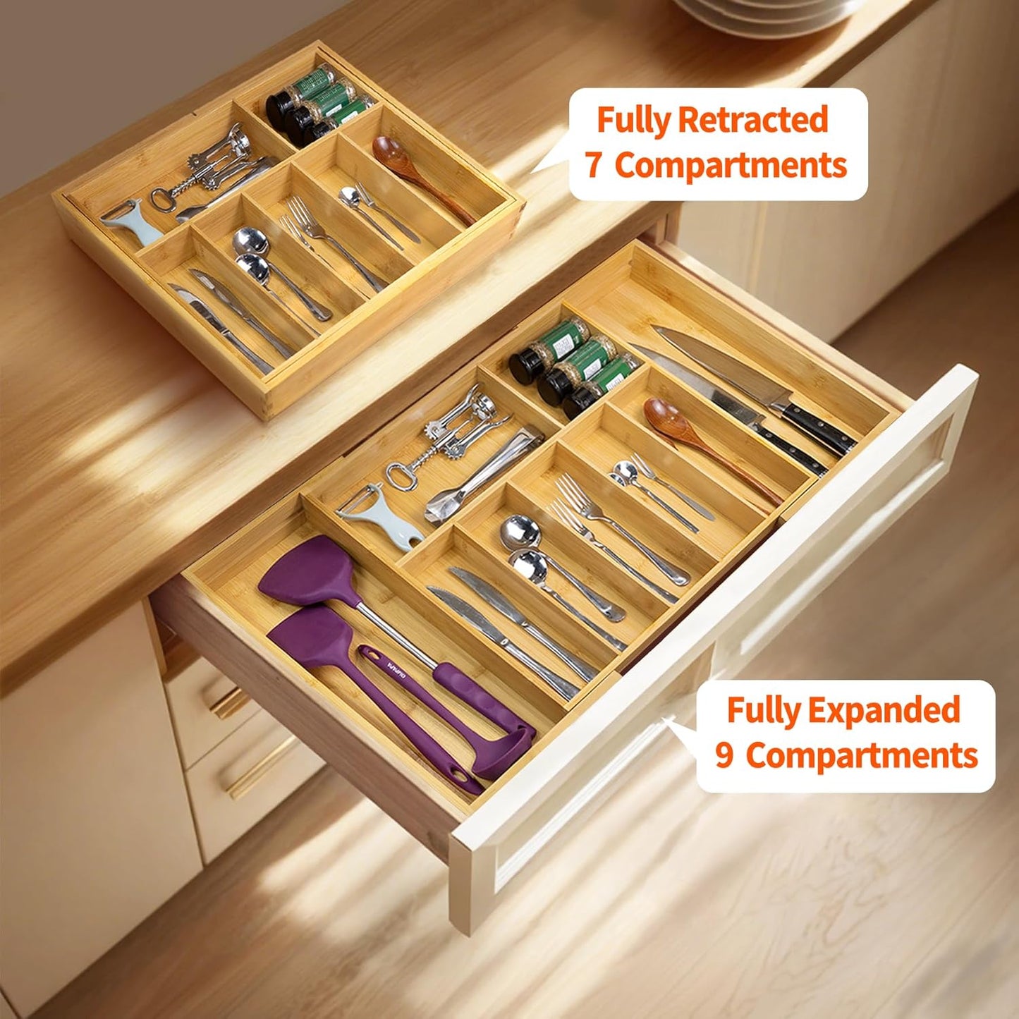 Utoplike Extra Large Kitchen Drawer Organizer, Expandable Bamboo Drawer Holder for Utensils, Silverware, Flatware, 7-9 Slots Cutlery Tray