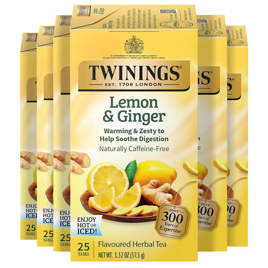 Twinings Lemon & Ginger Herbal Tea Individually Wrapped Bags, 25 Count (Pack of 6), Spicy Ginger, Lemon Peel, & Lemongrass, Naturally Caffeine-Free, Enjoy Hot or Iced, 150 Teabags
