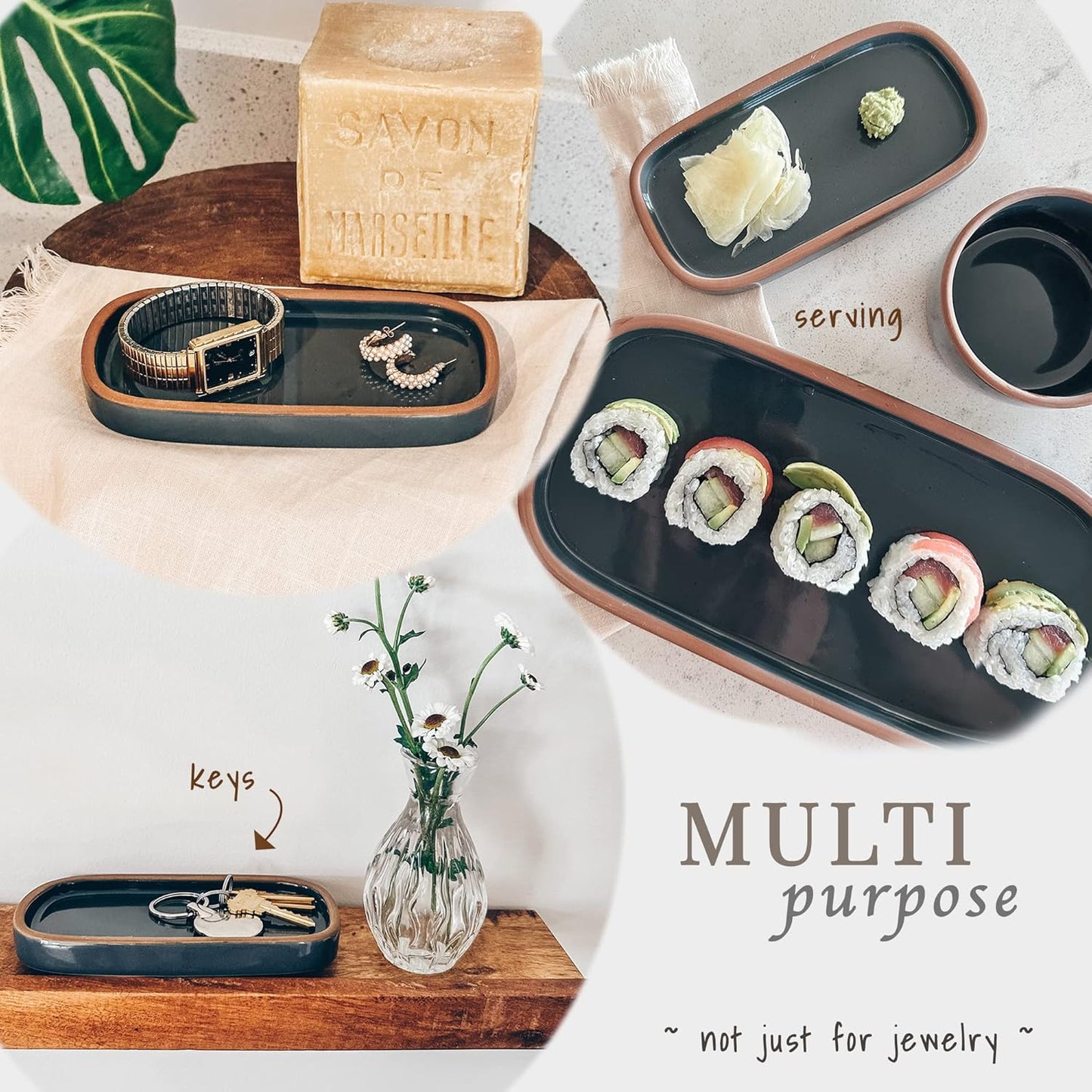 Mora Ceramic Decorative Tray - Rectangle 6.4in Dish for Jewelry, Perfume, Makeup, Accessories, Candle, in The Bathroom Vanity, Bedside, or Kitchen Counter. Cute Organizers - Black