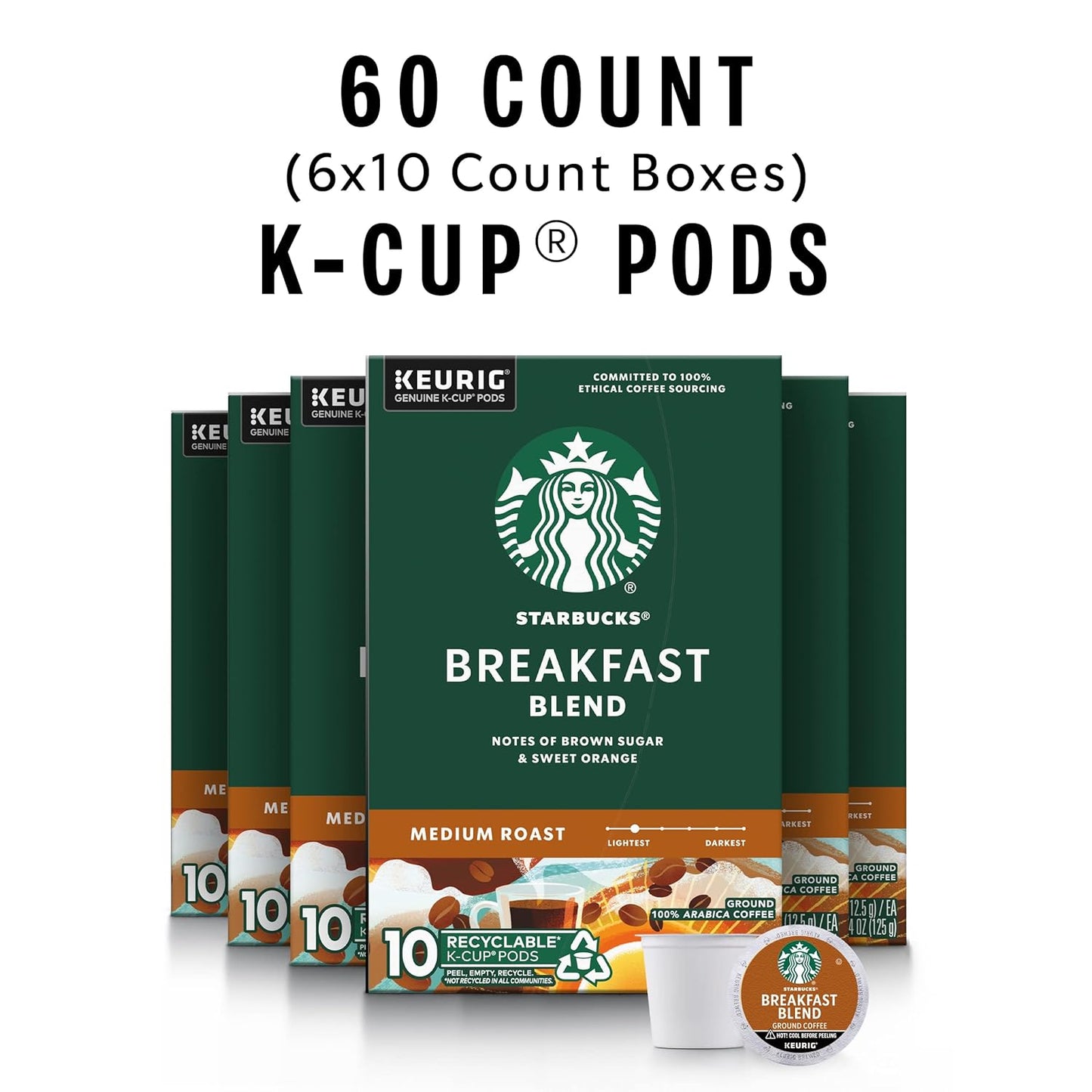 Starbucks K-Cup Coffee Pods, Medium Roast Coffee, Breakfast Blend for Keurig Brewers, 100% Arabica, 6 boxes (60 pods total)