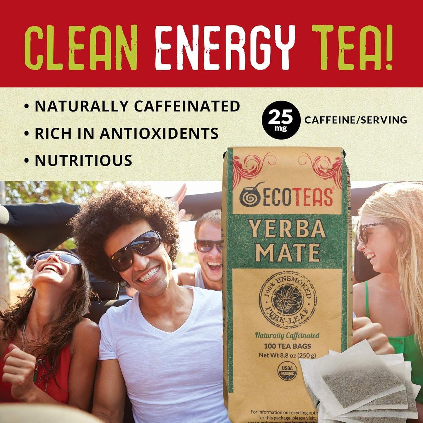 ECOTEAS PremiumOrganic Yerba Mate Tea Bags – Natural Energy & Detox Herbal Tea – Coffee Alternative - Kosher, Non-GMO, Gluten-Free - 100 Unsmoked Bulk Bags, 8.8 oz (Pack of 3)