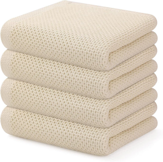 Kitinjoy 100% Cotton Waffle Weave Kitchen Towels, 4-Pack Super Soft and Absorbent Dish Towels for Drying Dishes, Kitchen Hand Towels, 13 in x 28 in, Beige