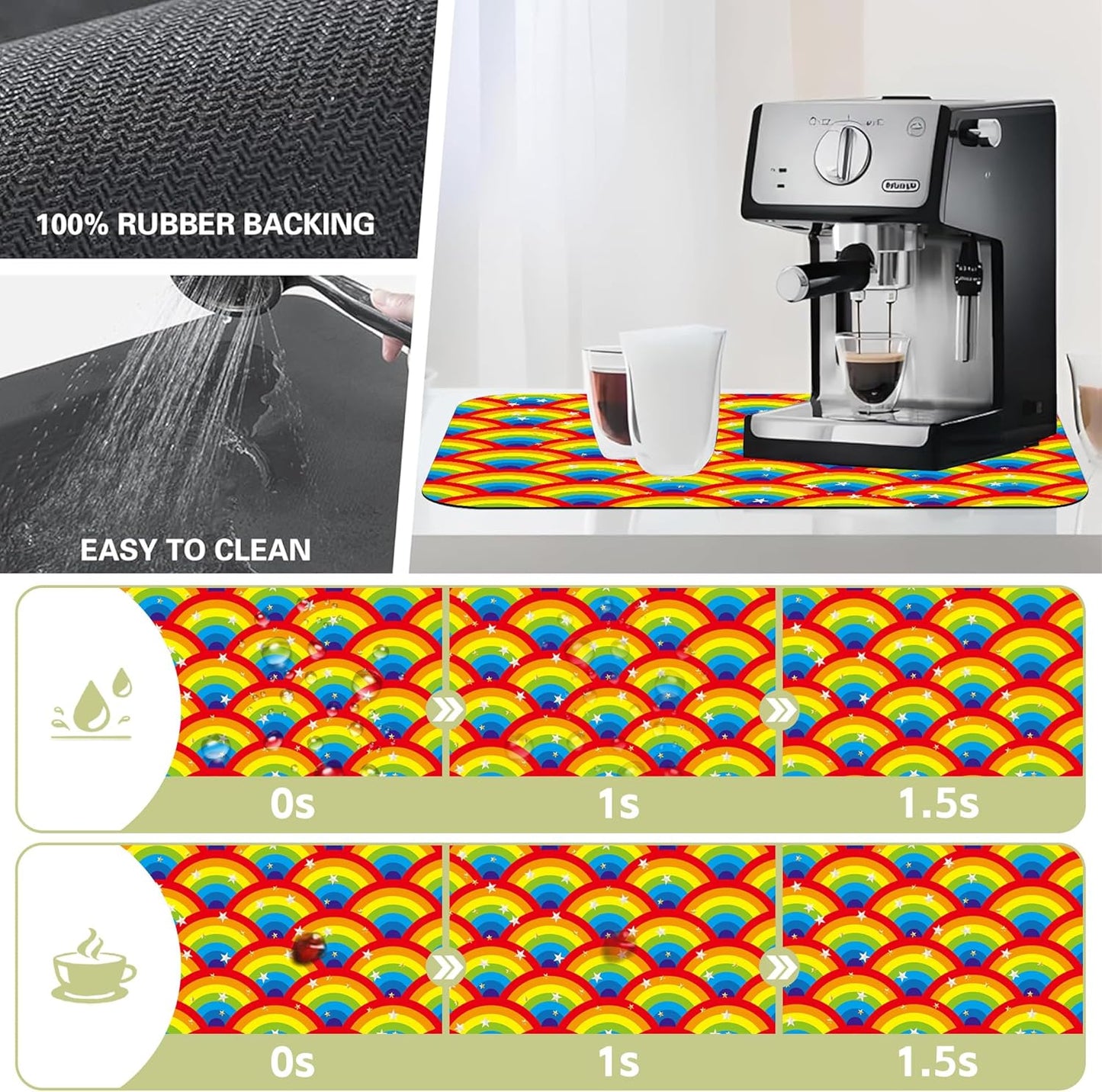 Kitchen Mat Rainbow Half Circle Star Dish Drying Mat 16"x24" Bsorbent Coffee Maker Mat for Sink Dishes or Under Rack Kitchen Counter Accessories Absorbent Hide Stain Rubber Backed Dish Drying Pad