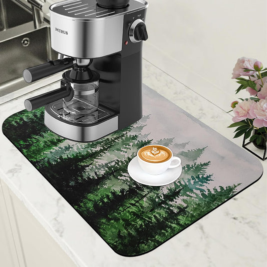 Dish Drying Mat Watercolor Foggy Forest Coffee Bar Mat for Countertop Absorbent Rubber Backed Hide Stain Dish Drainer Rack Pad Coffee Maker Espresso Machine Dining Room Decor 11.8 x 19.7 Inch