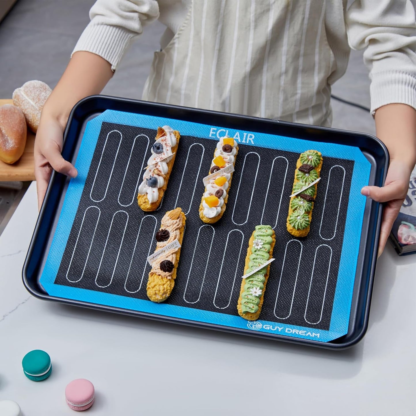 3PCs GUY DREAM Perforated Silicone Baking Mat 11-4/5" x 15-3/4" - 1 Choux Mat, 1 Eclair Mat and 1 Blank Mat for Baking Cookie- Steaming Mesh For Half Size Cooking Sheet- Non-Stick Reusable Oven Liner
