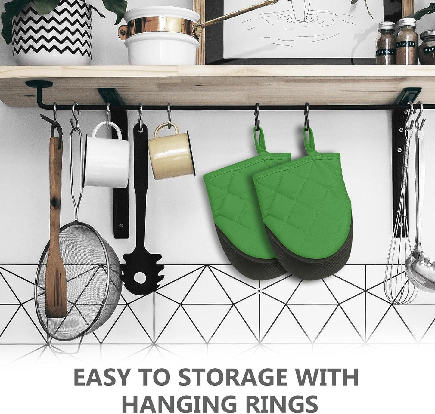 1 Pair Short Oven Mitts - Silicone Kitchen Oven Gloves High Heat Resistant 500℉, Mini Oven Mits with Non-Slip Grip Surfaces and Hanging Loop for BBQ, Baking, Cooking and Grilling (Green)