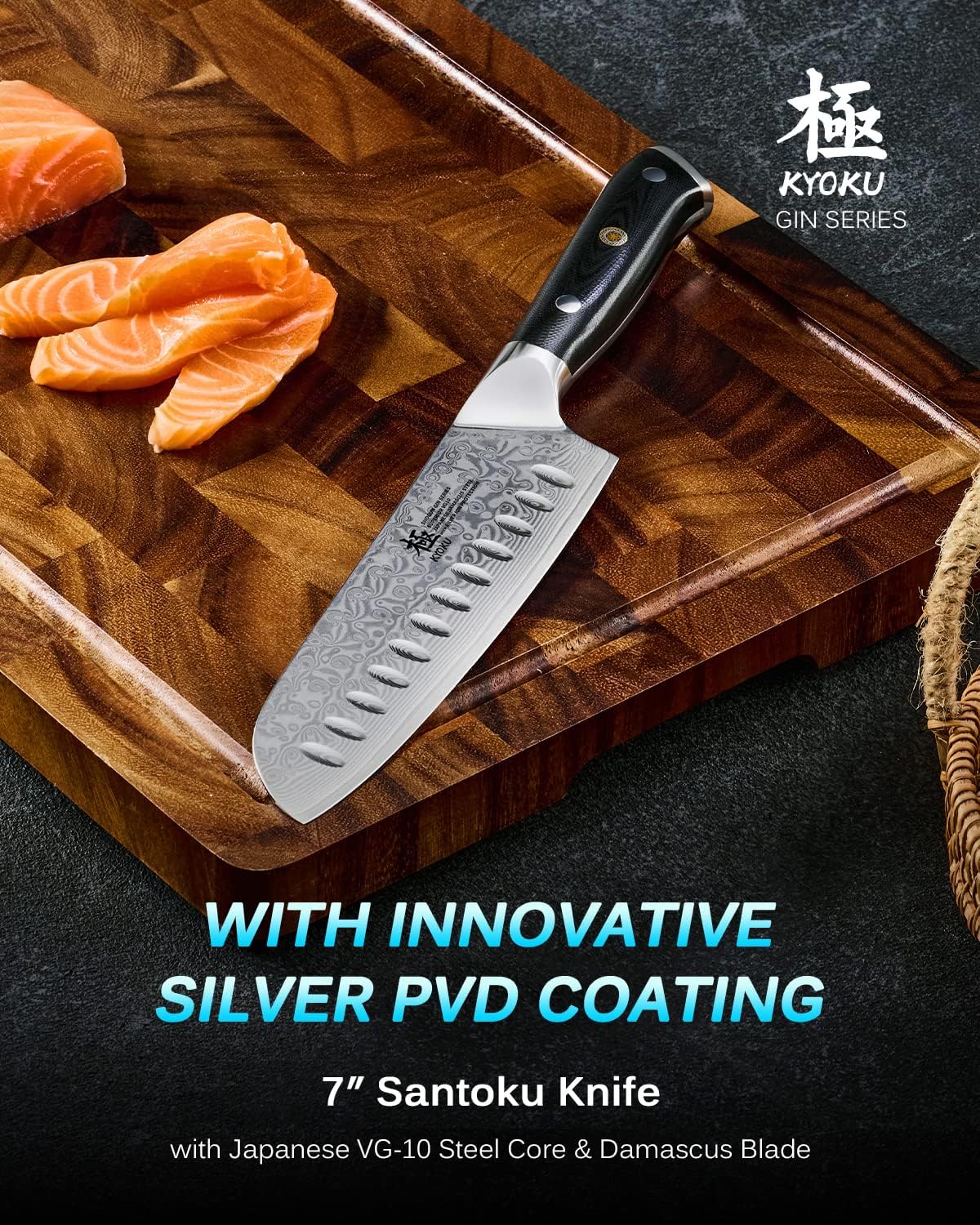 KYOKU Gin Series 7" Santoku Knife, Japanese Chef Knife VG10 Damascus Stainless Steel Kitchen Knife with Silver Ion Blade G10 Handle Mosaic Pin