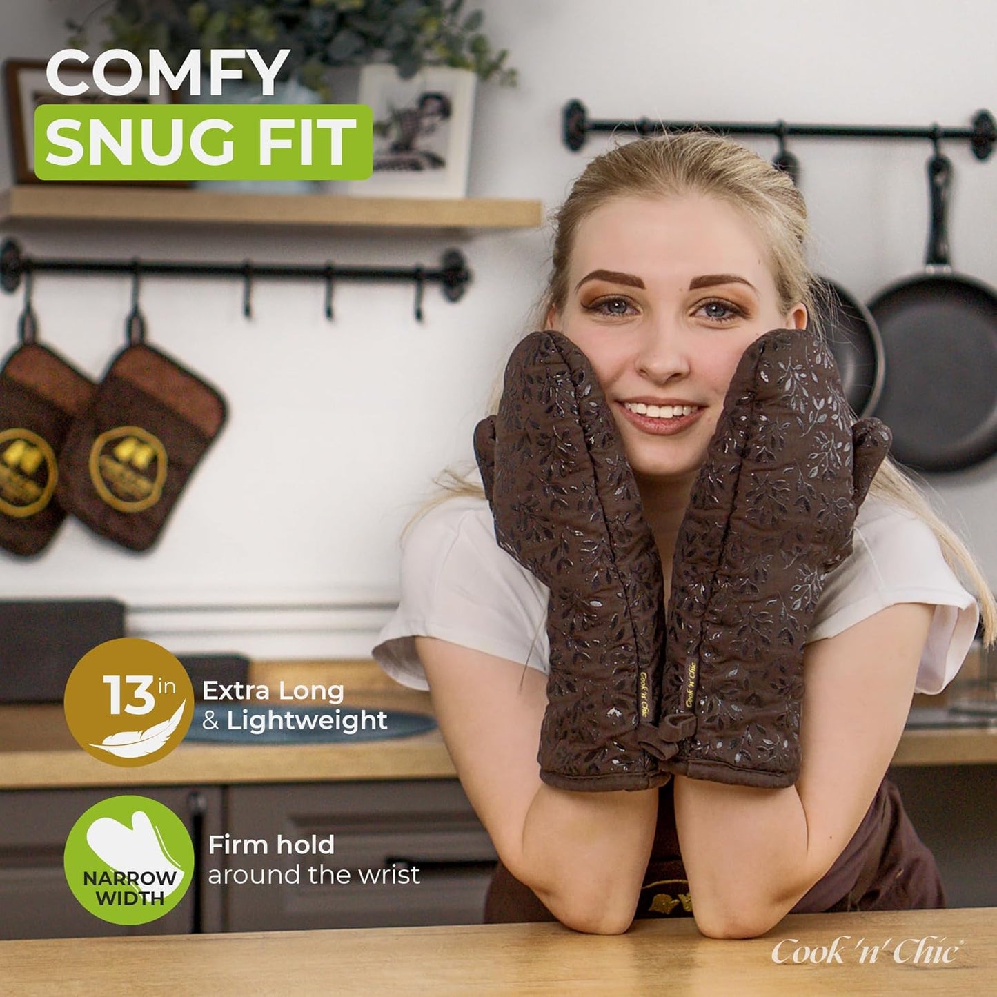 Premium Heat-Resistant Oven Mitts - Stylish and Beautiful - Non-Slip Platinum Silicone Grip - Long and Thick - 100% Natural Cotton Exterior and Soft Terry Cloth Lining - Set of 2 by Cook'n'Chic