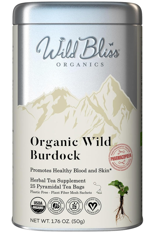 Wild Bliss Organic Burdock Root Tea - Caffeine Free Herbal Detox Support - Pharmacopoeia Quality - 25 Plant Based Tea Bags