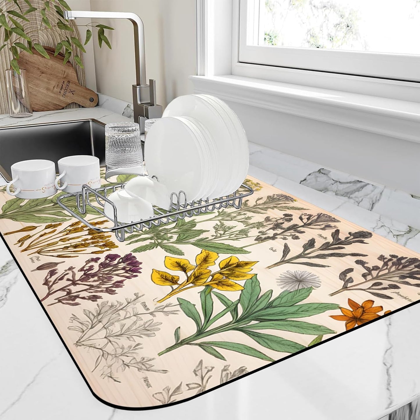 Dish Drying Mat Vibrant Bouquet of Spring Flowers Kitchen Mat 16"x24" Bsorbent Coffee Maker Mat for Dishes,Utensils Coffee Maker Pots and Pans Easy Clean Dish Slip Resistant Pad