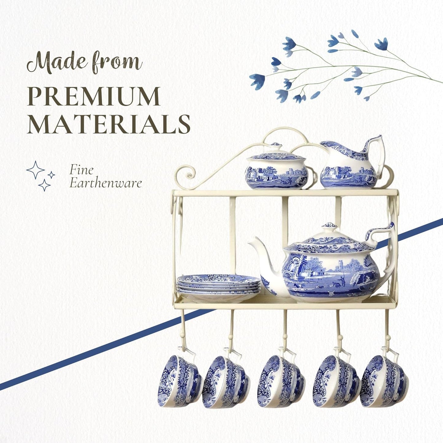 Spode Blue Italian French Press | 28-Ounce Capacity | Espresso, Coffee, and Tea Maker | Porcelain Cafetiere | Stainless Steel Plunger | Dishwasher Safe (Blue/White)