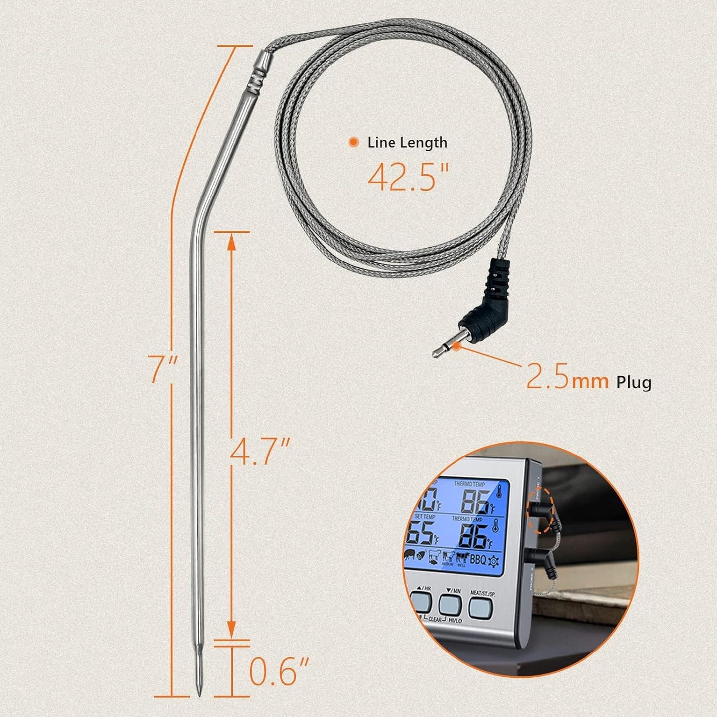 Meat Thermometer Probe Replacement for Thermopro Thermometers TP04, TP06, TP06S, TP07, TP07S, TP08, TP08S, TP09, TP09B, TP10, TP16, TP-16S, TP17, TP20, TP25, 2.5mm