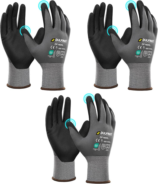 DULFINE Safety Work Gloves MicroFoam Nitrile Coated-3 Pairs Pack,Seamless Knit Nylon Glove with Black Micro-Foam Nitrile Grip,Ideal for General Purpose,Automotive,Home Improvement,Painting(Small)