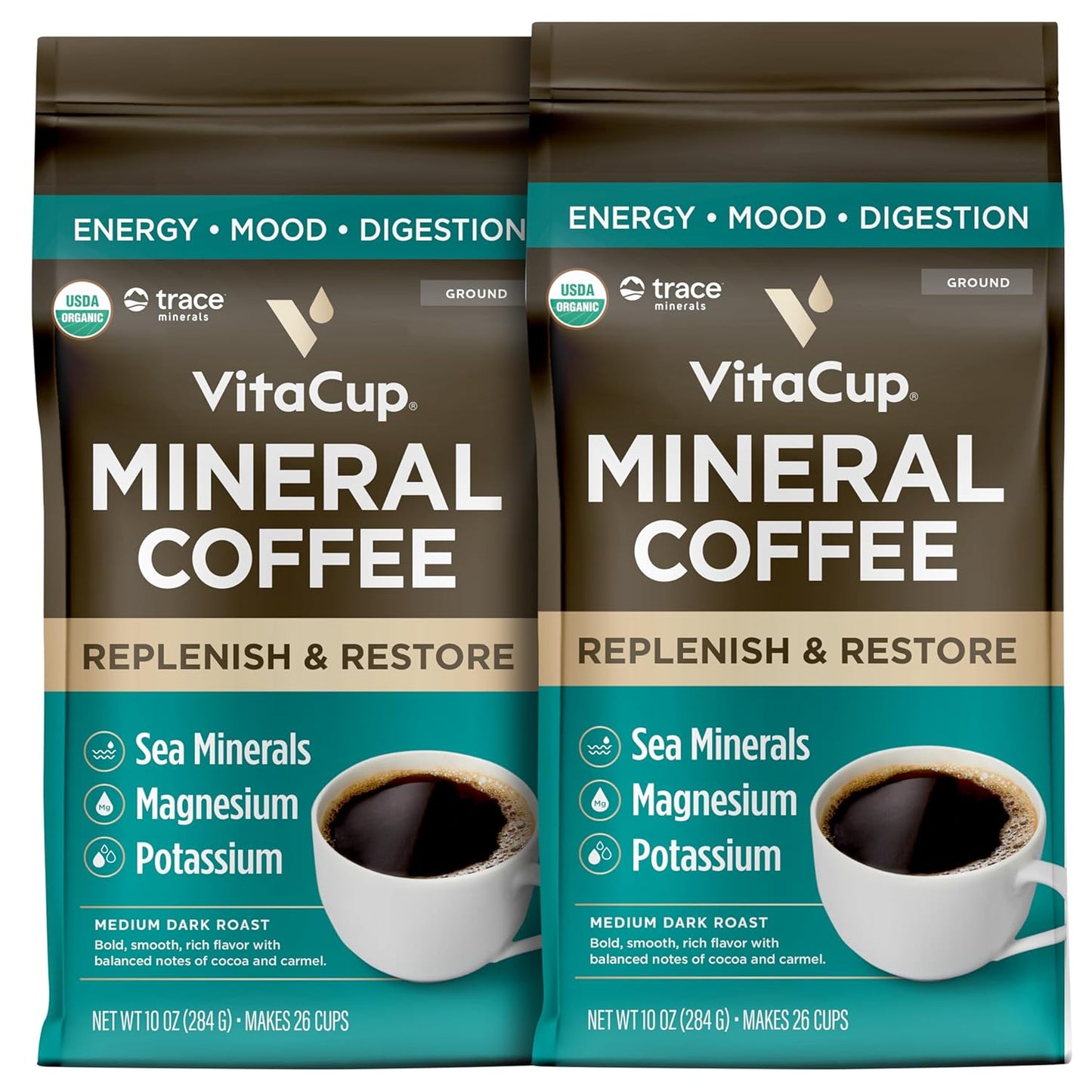 VitaCup Mineral Coffee with Trace Minerals, Hydrate, Replenish & Restore w/All Natural Sea Minerals, Electrolytes, Organic Coffee, Single Origin, Medium Dark Roast, Ground Coffee, 2 Bags 10oz Each