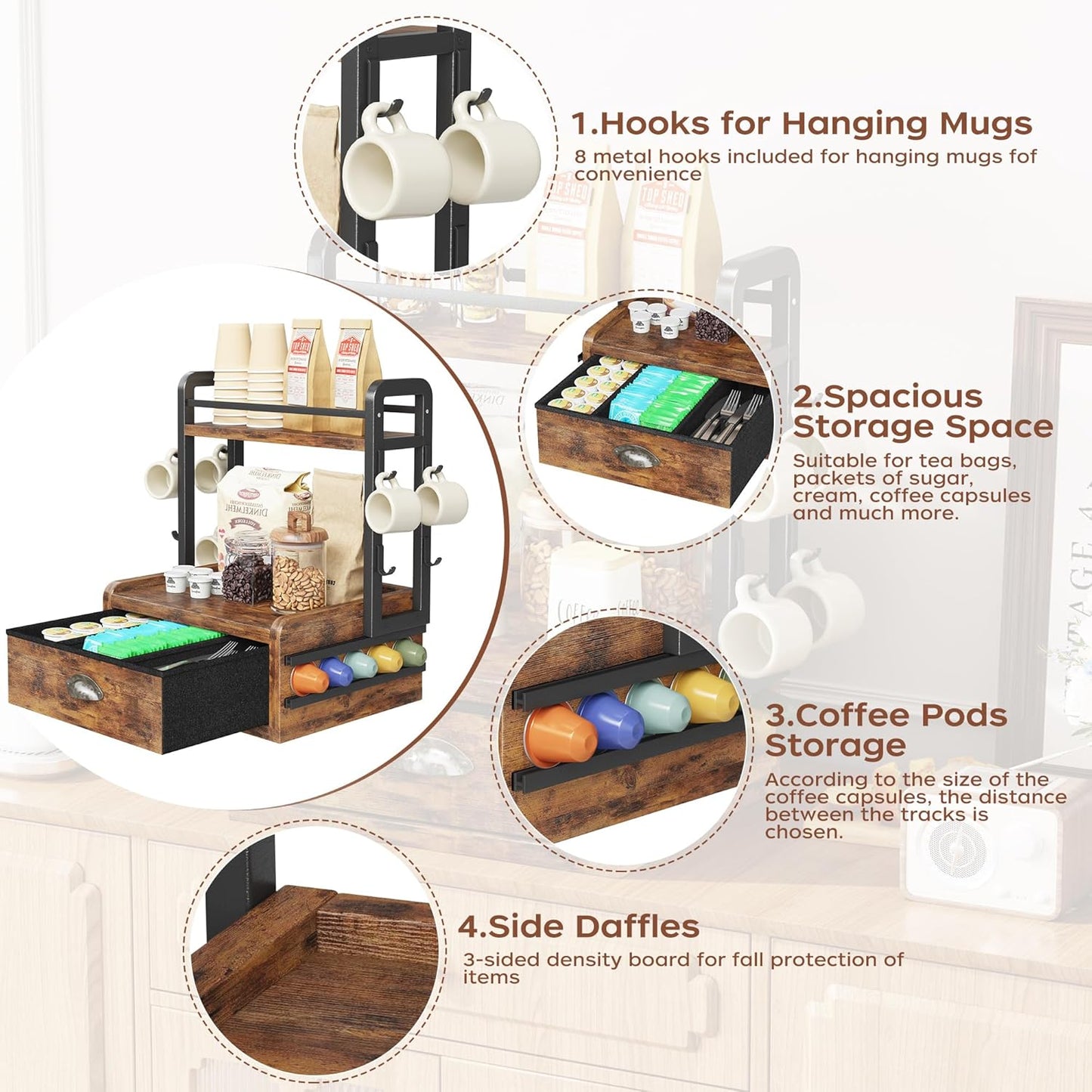 Homeiju Coffee Station Organizer, 40 Coffee Pods Storage & 8 Mug Hooks,Nespresso Pods Holder, Space-Saving Countertop Storage, Rustic Brown