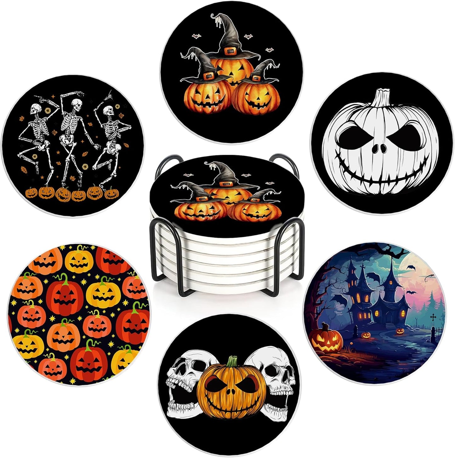 Coaster for Drinks Set of 6, Halloween Skeleton Skull Pumpkin Absorbing Round Ceramic Stone Coaster with Cork Base,Tabletop Protection Mat for Mugs and Cups,Coffee Table Wine Glass Home Bar 4 Inch
