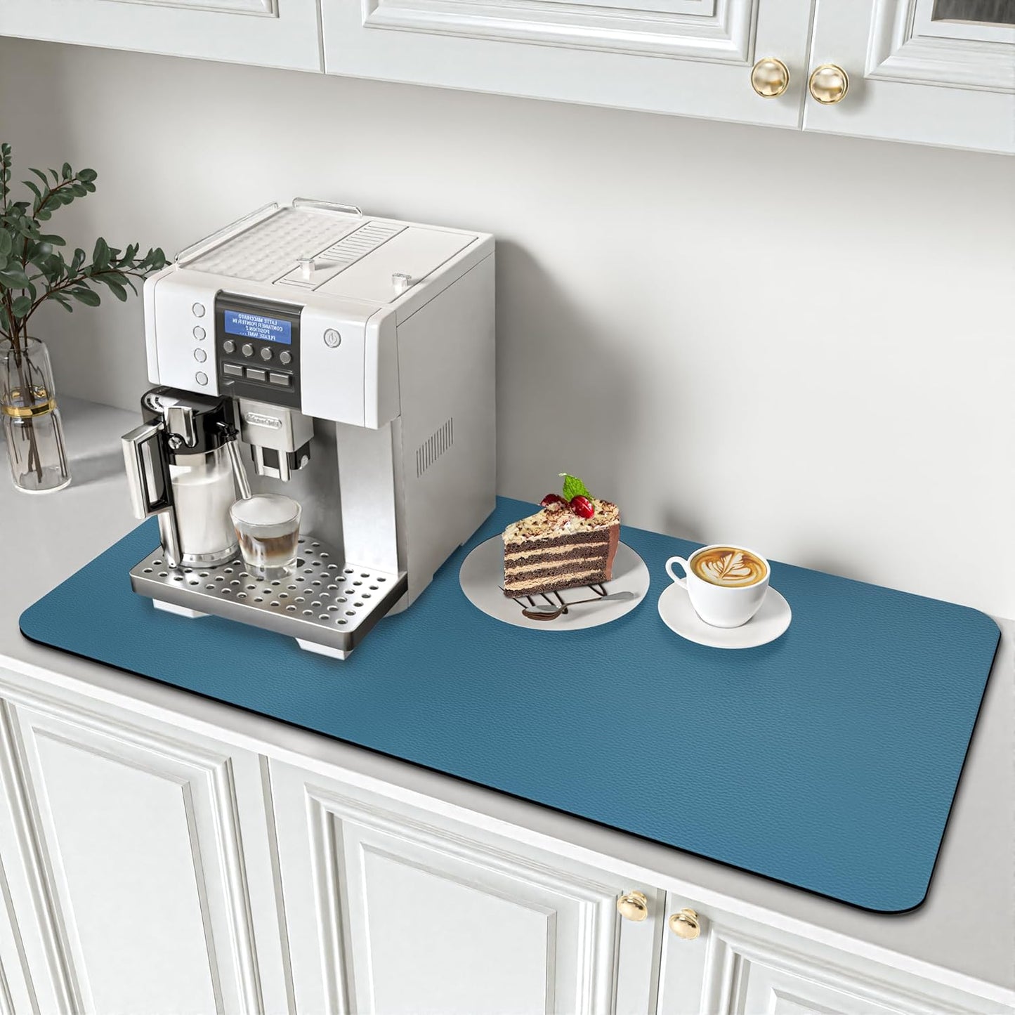 PoYang 31"x17" Coffee Mat X-Large, Coffee Bar Accessories for Countertop, Absorbent Dish Drying Mat, Anti-Slip and Hide Stain Pad for Espresso Machine, Espresso Maker and Kitchen Counter, Blue