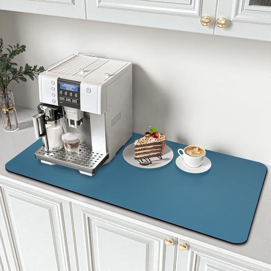 PoYang 31"x17" Coffee Mat X-Large, Coffee Bar Accessories for Countertop, Absorbent Dish Drying Mat, Anti-Slip and Hide Stain Pad for Espresso Machine, Espresso Maker and Kitchen Counter, Blue