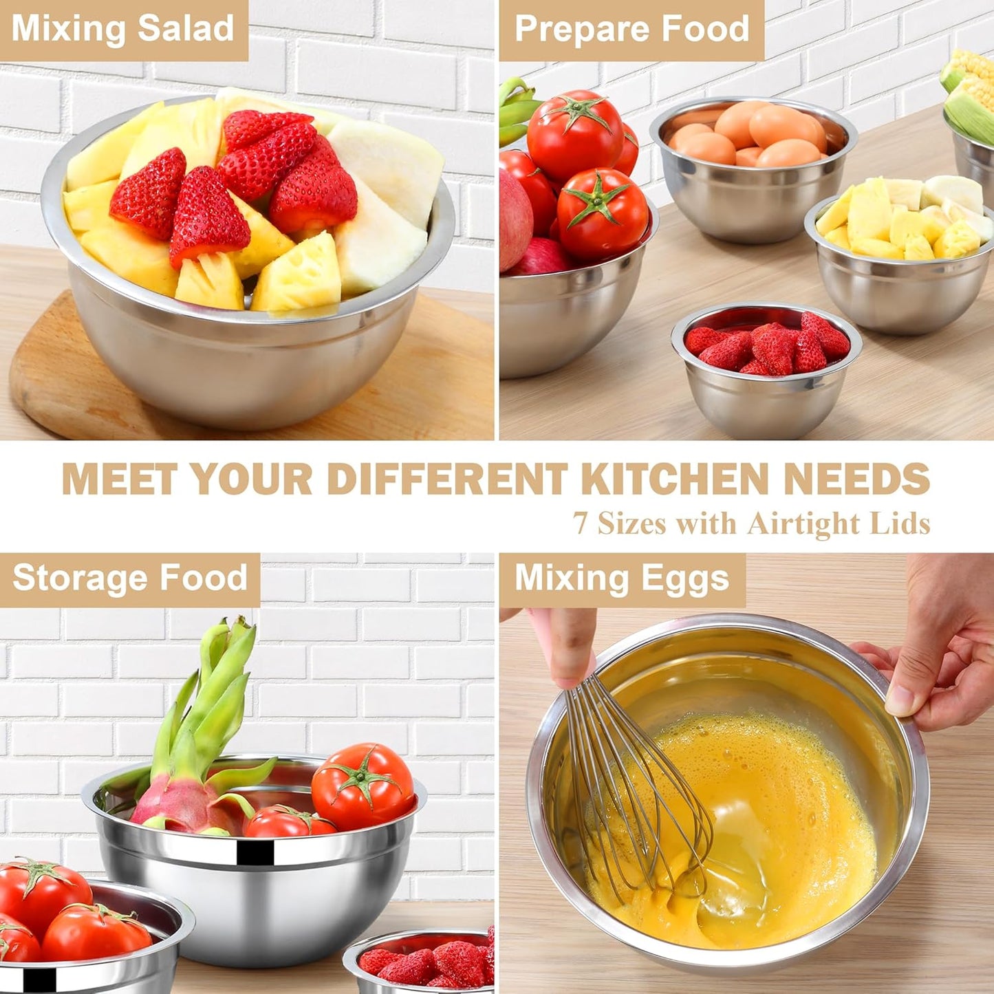 Mixing Bowls with Lids Set - 7 Piece Khaki Nesting Stainless Steel Mixing Bowls for Kitchen, Sizes 4.5, 4, 3.5, 2.1, 1.5, 1.1, 0.7 Qt for Baking, Cooking and Serving, Dishwasher Safe