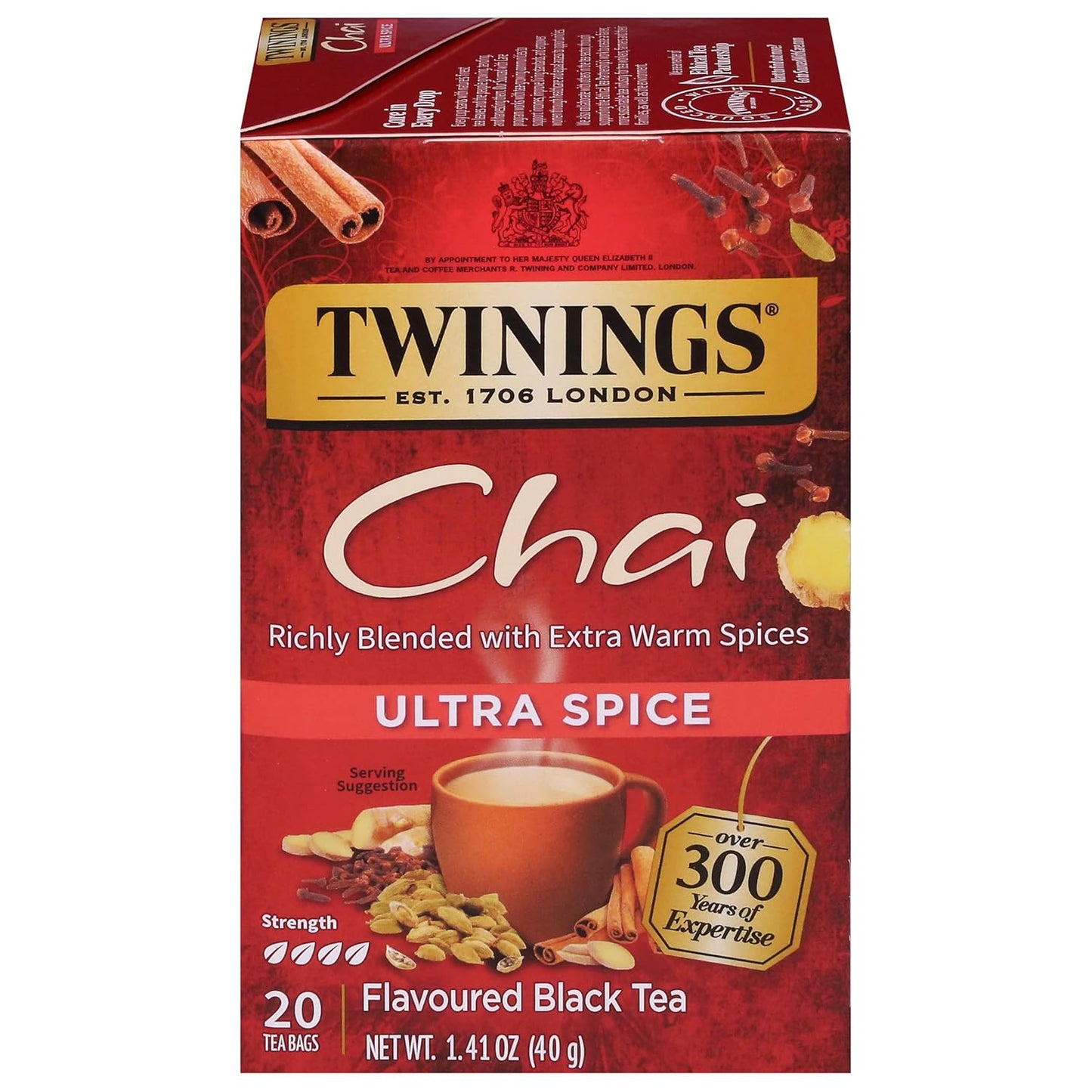 Twinings Chai Tea, Ultra Spice Chai Tea Bags with Cinnamon, Ginger, Cardamon, Clove for a Spicy Chai Tea Latte, 20 Tea Bags