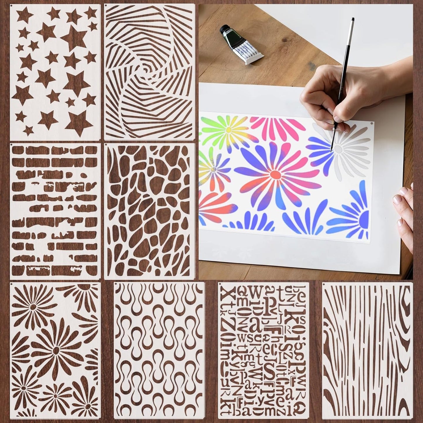 Yazhiji 8PCS Large Stencils for Geometric Painting, Reusable Geometric Painting Stencils Abstract Layering Stencil for Painting on Wood Canvas Furniture Floor Decor DIY Supplies