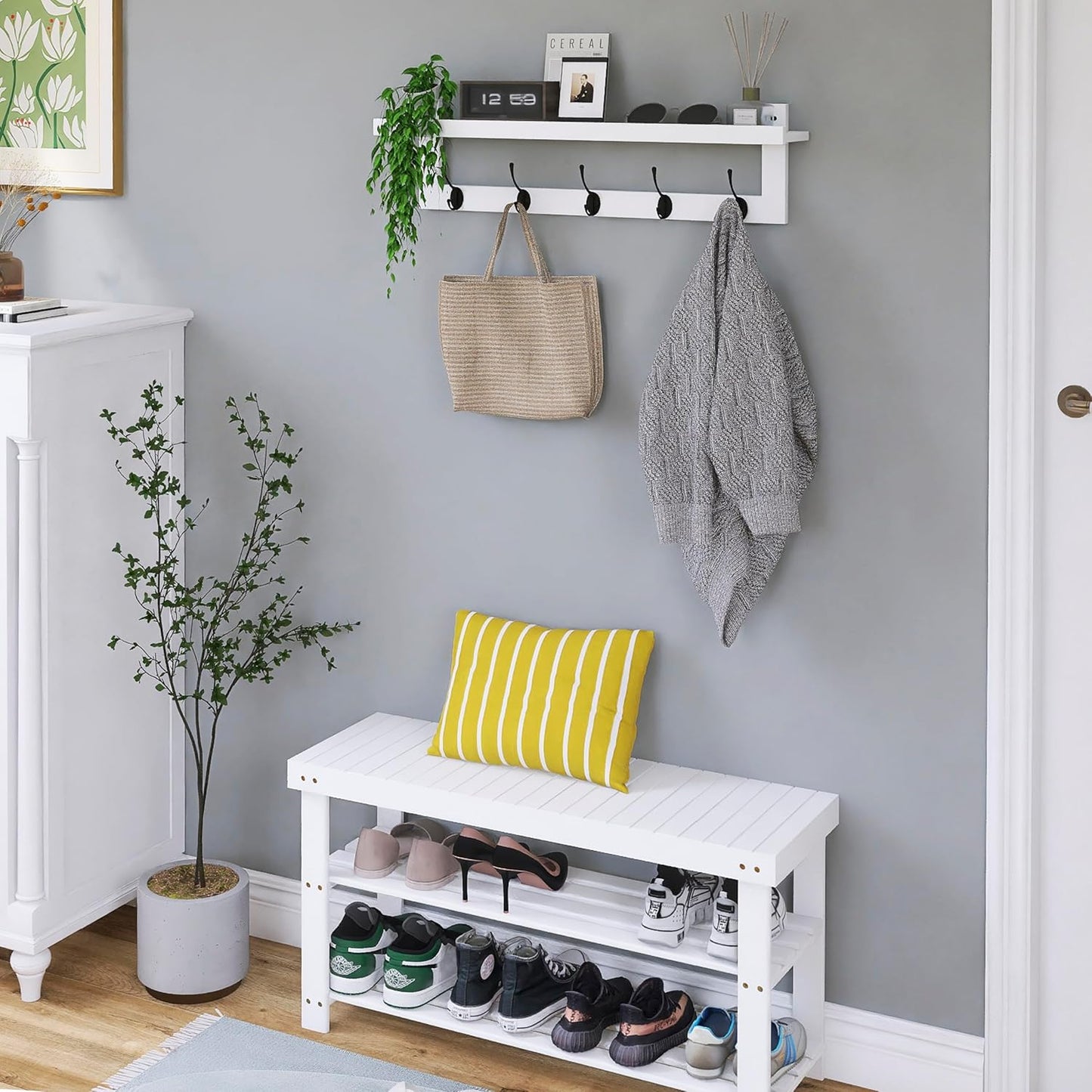 SMIBUY Coat Hooks with Shelf Wall-Mounted, 29.2 Inch Entryway Coat Rack for Wall, Bamboo Hanging Shelf with 5 Double Metal Hooks for Bathroom, Bedroom, Kitchen, Living Room (White + Black)